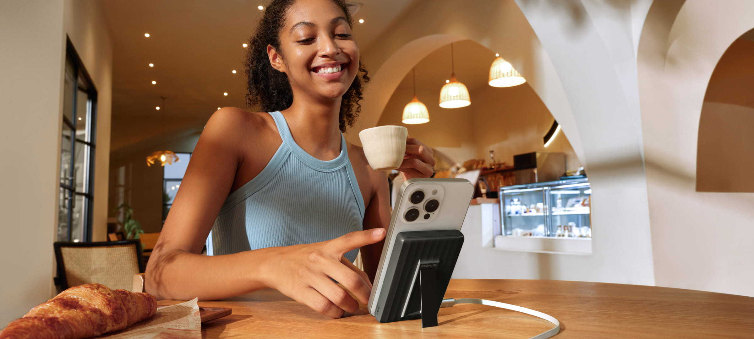 Modern magnetic power bank with sleek design and LED indicators on minimalist desk setup