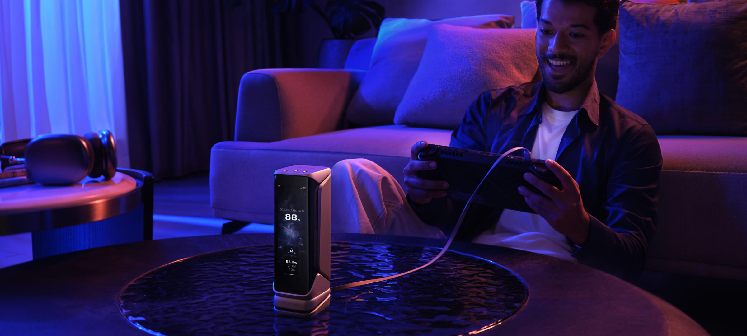 Slim power bank with multiple ports and digital display showing battery percentage